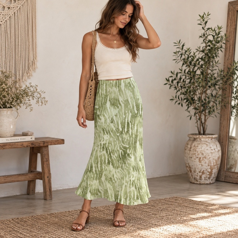 Yellow The Label Viridescent Midi Skirt Green White Watercolor Abstract Boho L